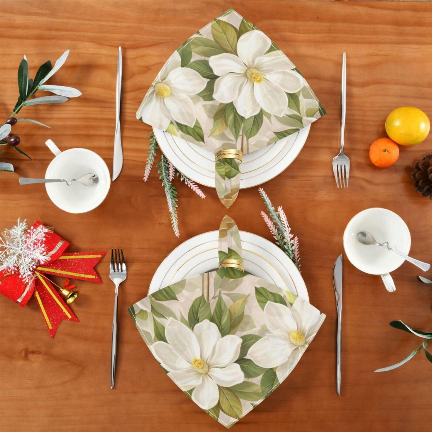 White Magnolia Flowers Cloth Napkins Dinner Napkin Set of 6 for Kitchen Parties Weddings Cocktail Christmas Halloween Thanksgiving Festivals