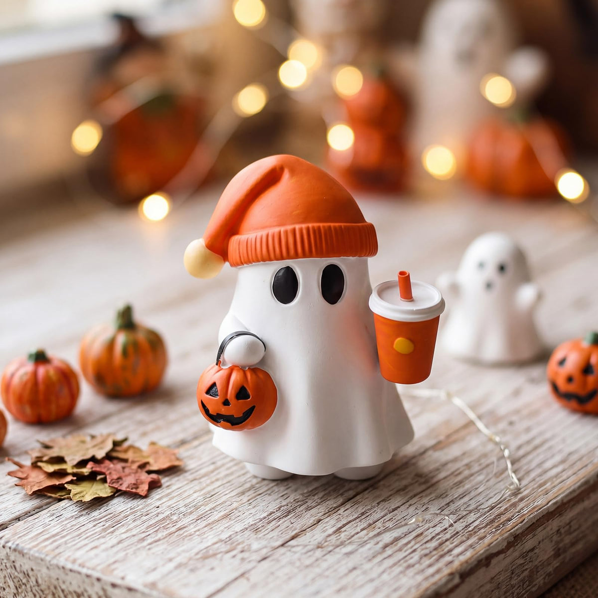 Vicenpal Cute Halloween Ghost Figurine with Pumpkin Bucket and Orange Drink Resin Spooky Tabletop Decor for Home Office Bookshelf Coffee Table Halloween Decoration Gift