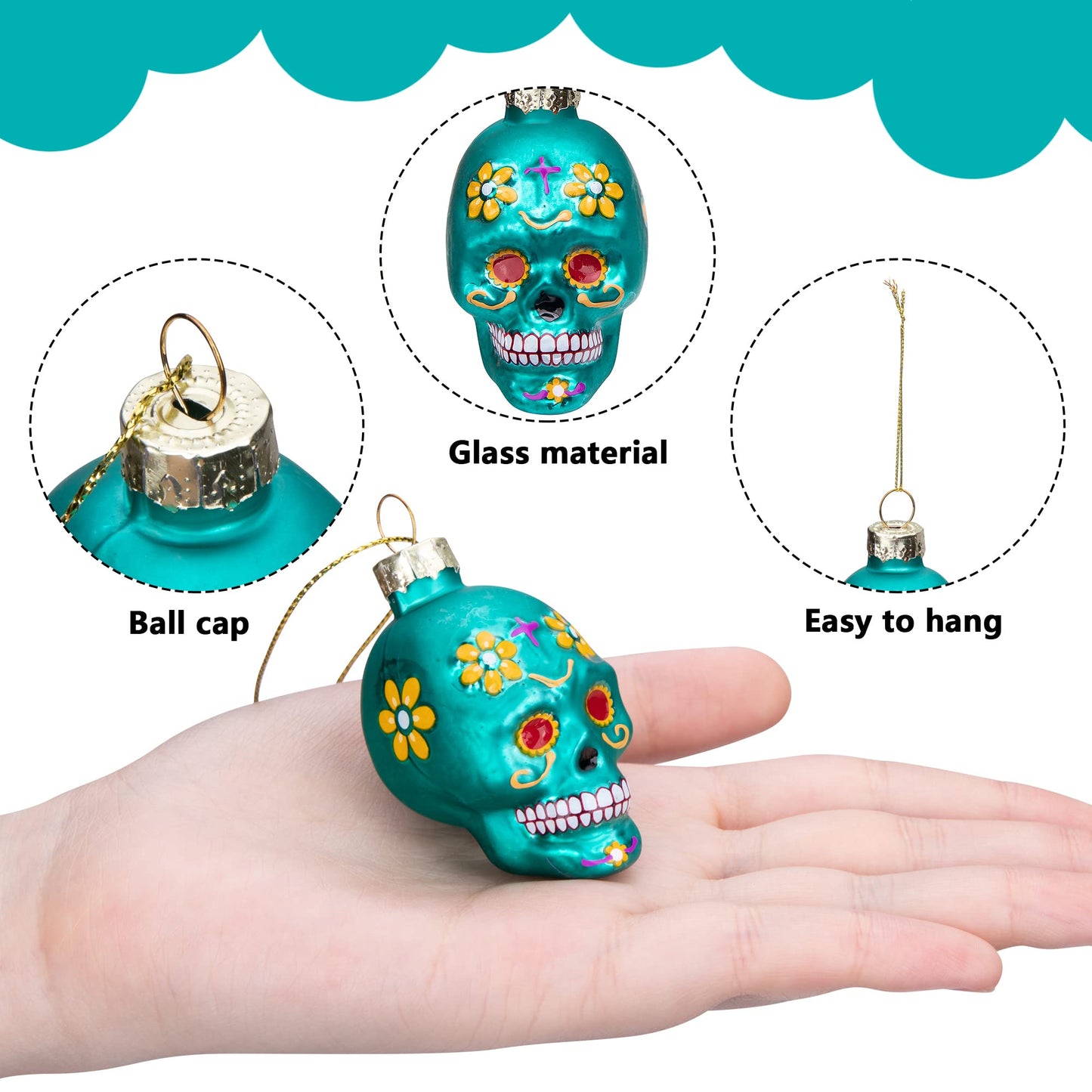 12pcs Day of The Dead Glass Ornaments - Dia De Los Muertos Sugar Skull Ornaments - Halloween Hanging Skeleton Head Ornament for Christmas Tree Hanging Decorations