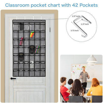 SAVERHO 42 Pocket Classroom Pocket Chart for Cell Phones and Calculator,Clear Cellphone Pocket Chart for Classroom with Number Sticker and hooks (Grey-42 Pockets)