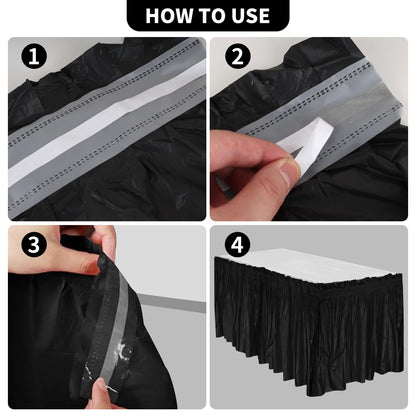 Axigundaone 6 Pcs Plastic Black Table Skirts for Rectangle Tables, Disposable Table Skirts with Adhesive Strip, 28 Inch x 14 Ft Rectangular Table Skirts for Party, Wedding,Banquet