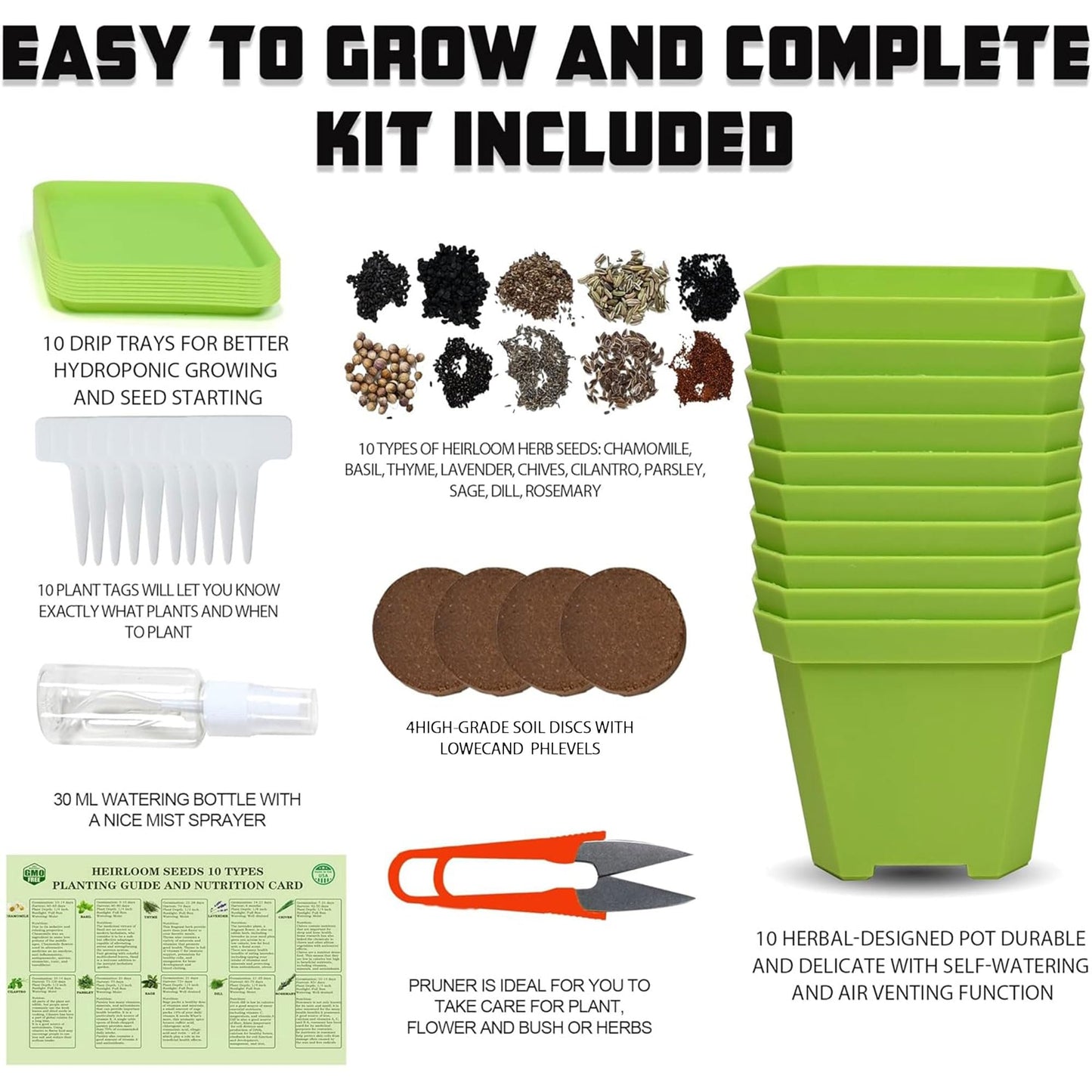 Meekear 10 Herb Seeds Garden Starter Grow Kit with Green Pots, Markers, Soil Discs, Watering, Herb Clipper, Complete Indoor Potted Plant Growing Set for Kitchen DIY