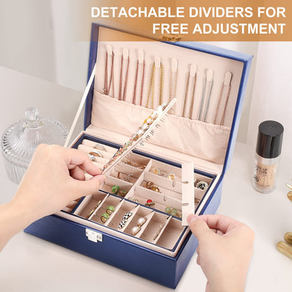 Jewelry Organizer Box PU Leather Jewelry Box for Girls Womens Earring Organizer Boxes 2 Layer Large Jewelry Storage Case Removable Tray for Necklace Earring Ring with Polishing Cloth and Jewelry Bags