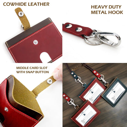 Badge Holder: Boshiho Cowhide Leather ID Badge Card Holder with 19" Neck Lanyard, Horizontal Style (Red)