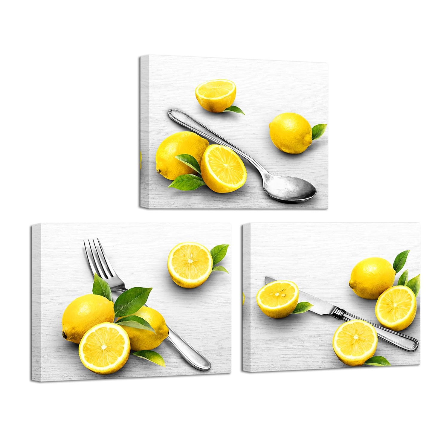 Biuteawal Grey and Yellow Kitchen Wall Art Fruit Lemon Painting with Fork Knife Spoon Kitchenware Picture Prints Dining Room Restaurant Decoration Framed