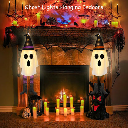 Halloween Ghost Decorations Outdoor Indoor, Hanging Ghost with Witch Hats & Strip Legs, Spooky Flying Ghost with LED String Lights, 3 Lighting Effects – Yard Porch Tree Floating Halloween Decor 2 PCS