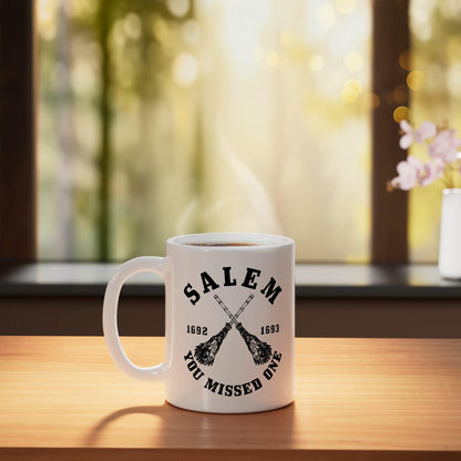 Salem Massachusetts Est. 1693 Witch Broom Halloween Vintage Ceramic Mug, White