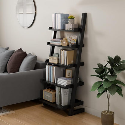 AQIMUELE Black Wooden Ladder Shelf with Edges, 5-Tier Modern Leaning Bookshelf Ladder – Stylish Space-Saving Bookcase for Living Room, Bedroom & Home Office