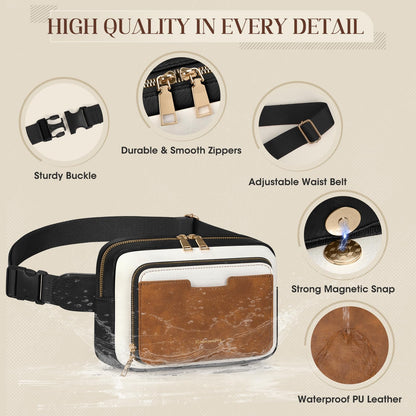 RAINSMORE Fanny Packs for Women, Leather Belt Bag Waterproof Everywhere Crossbody Waist Pack with Adjustable Strap Retro Sling Chest Bag for Work Running Travel Party, Black and Brown with White