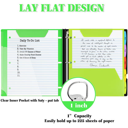 INFUN 1 Inch Telescoping 3 Ring Binder - 1PCS,Flexible Round Binder with Customizable Front Cover and Clear Catalog Pocket, 1 Inch Rings, 225 Sheet Capacity- Green