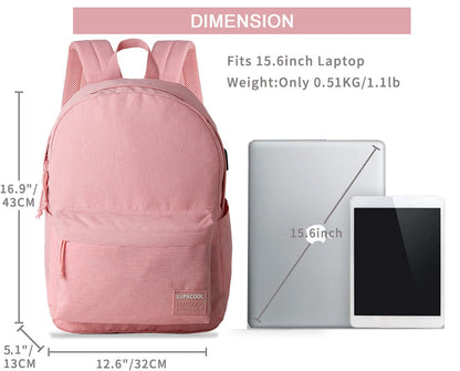SUPACOOL Casual Laptop Backpack for Men and Women, Backpack for College, USB Charging Port, Lightweight Pack Back(Pink)