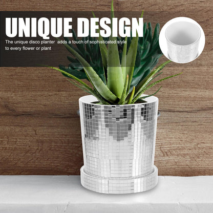 Outanaya Disco Planter Pot for Indoor and Outdoor Succulents Plastic Flowerpot with Silver Mirror Finish Small Decorative Container for Home and Garden