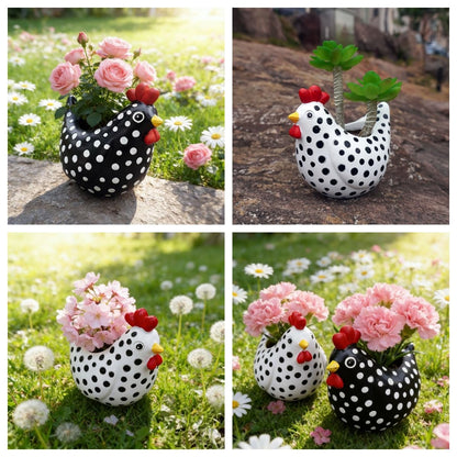 MOSYFEIBI Hens and Chicks Planter Pot Set of 2, Whimsical Chicken Planters for Indoor Outdoor Plants, Resin Succulent Pot with Drainage, Weather-Resistant Farmhouse Garden Decor (White and Black)