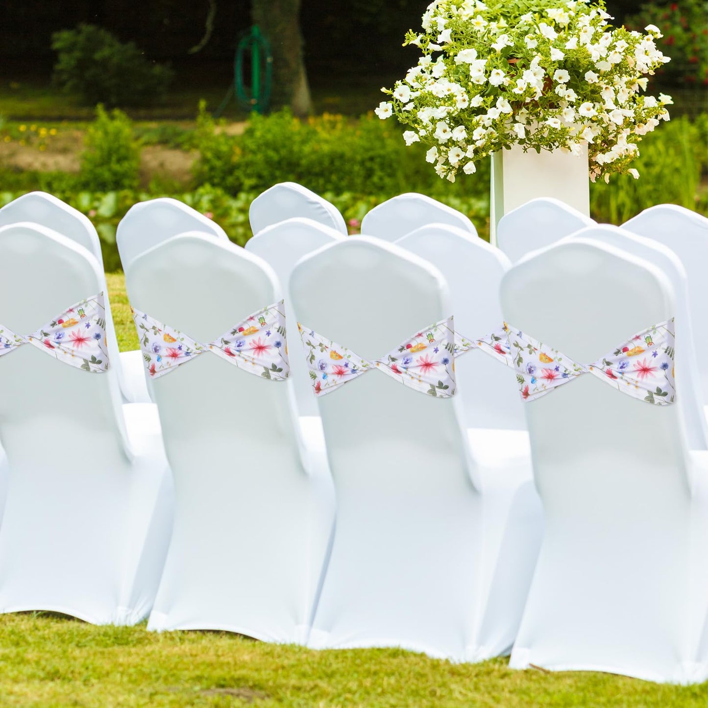 Newwiee Floral Spandex Chair Sashes Floral Print Elastic Chair Sashes Bow Polyester Chairs Cover Bands Ties Without Buckle for Birthday Party Decor