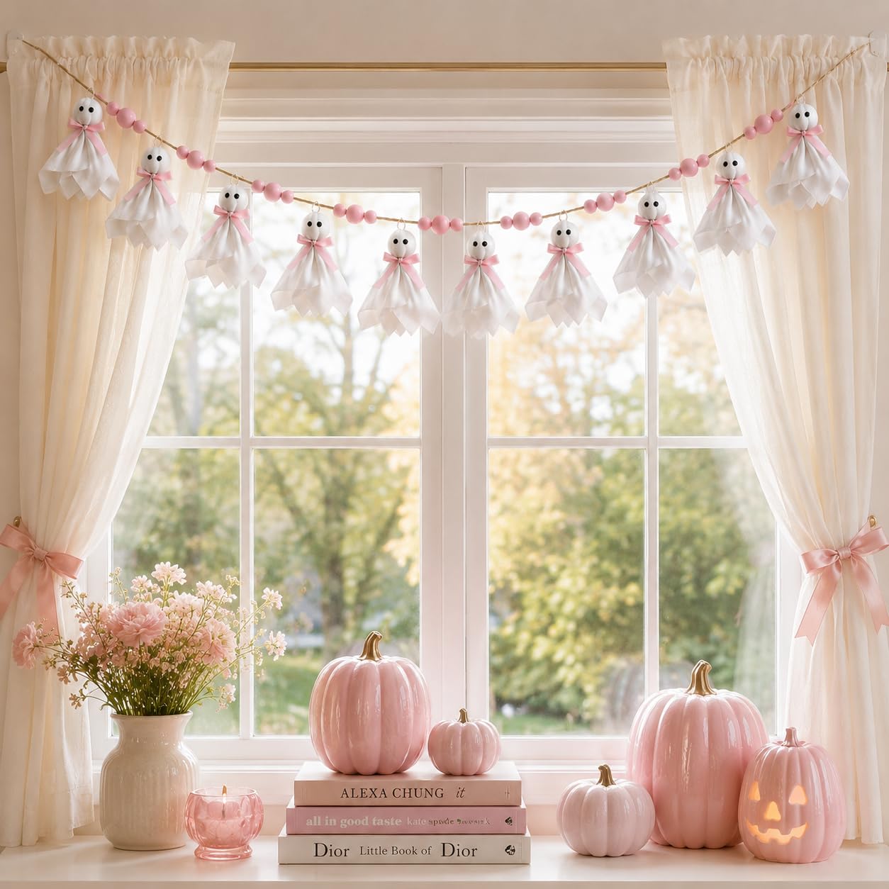 Craflox Pink Halloween Garland Ghost Decor, Pastel Girly Halloween Party Garland for Mantle, 6.6Ft Cute Spooky Pink Wooden Beads Decorations for Home Indoor, Handmade Banner
