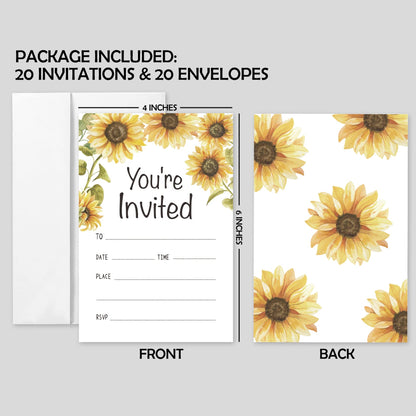 20 Sets You're Invited Sunflower Invitations With Envelopes,Sunflower Rustic Double-sided Printed Invitation Invite Cards for Wedding Bridal Shower Baby Shower Birthdays and Housewarming Parties