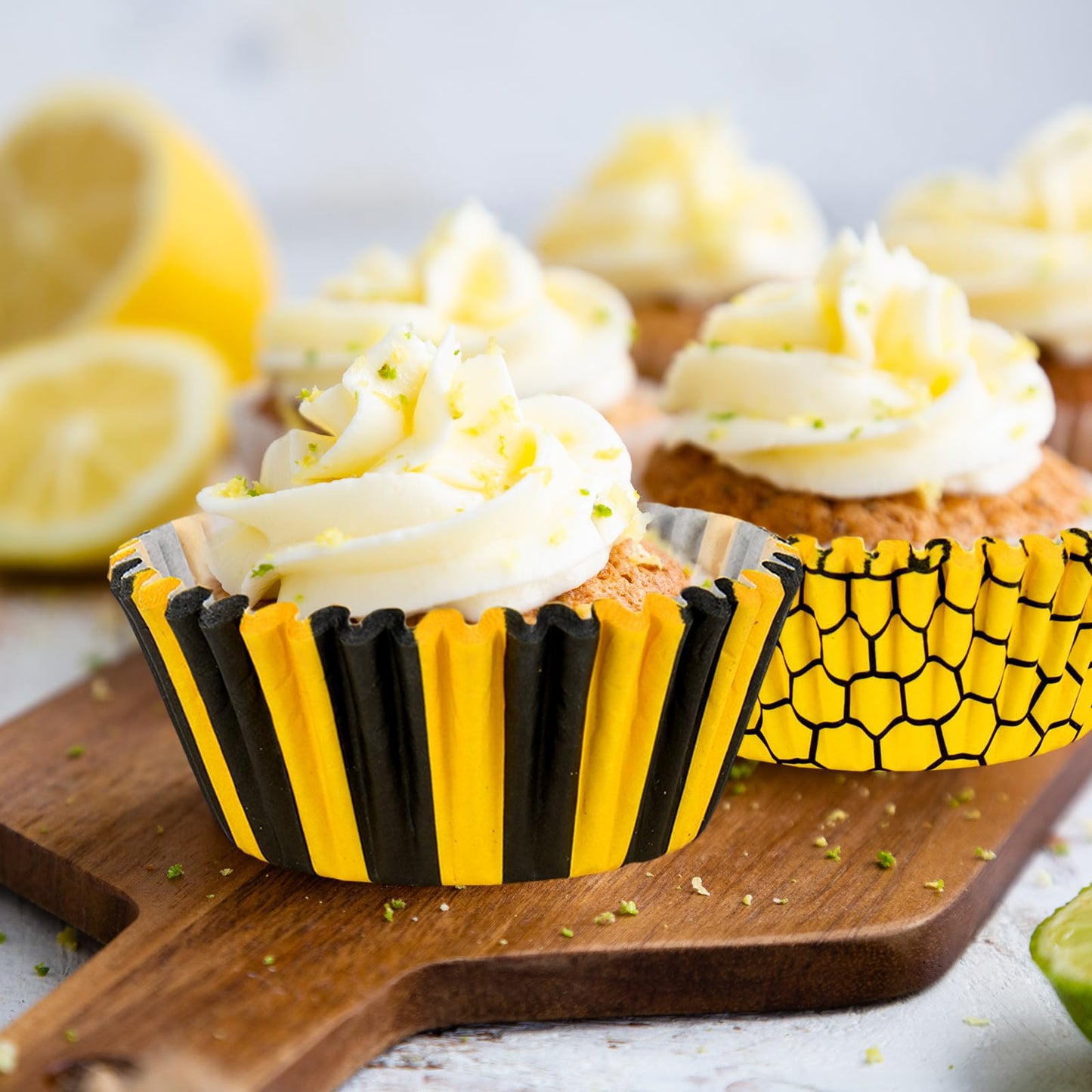 JarThenaAMCS 600Pcs Summer Honey Bee Cupcake Liner Honeycomb Stripe Paper Baking Cup Yellow Black Muffin Wrappers Cake Storage Container for Party DIY Craft, 2 x 1.2 Inch