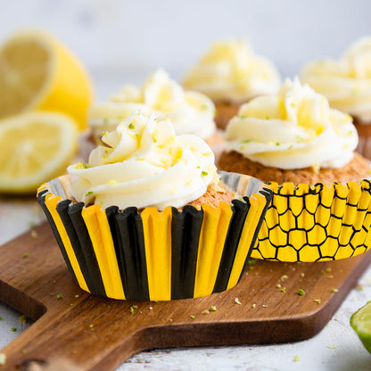 JarThenaAMCS 600Pcs Summer Honey Bee Cupcake Liner Honeycomb Stripe Paper Baking Cup Yellow Black Muffin Wrappers Cake Storage Container for Party DIY Craft, 2 x 1.2 Inch