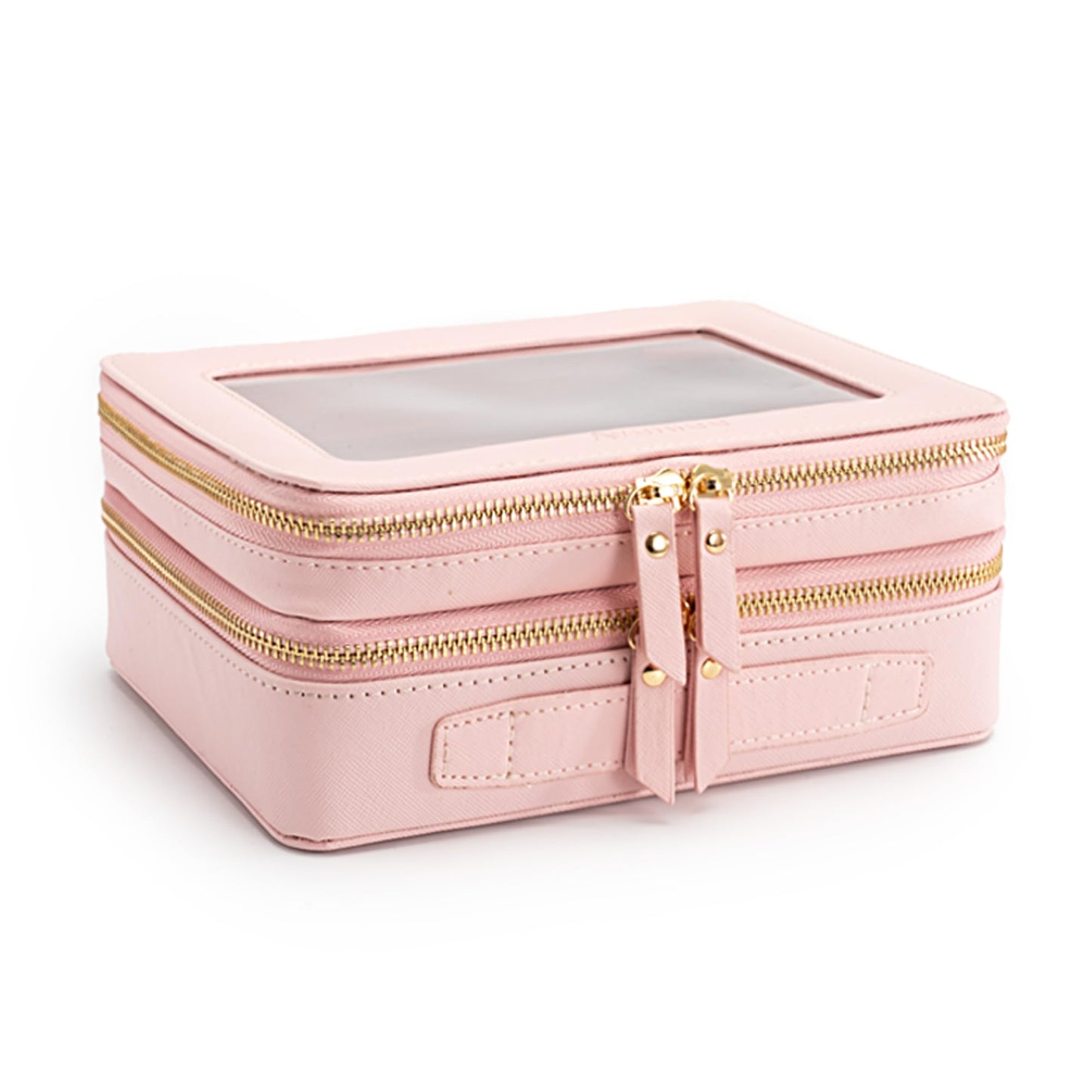 Aveniee XL Clear Makeup Organizer,Double Layer Travel Cosmetic Case with Brush Holder & Zippered Compartments, Large Toiletry Bag Train Case for Women.2 Layers, Pink