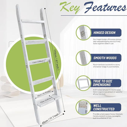 67" Wooden Blanket Ladders for The Living Room,5-Tier Ladder Shelf, Ladder Rack for Storage and Decor (Weathered White)