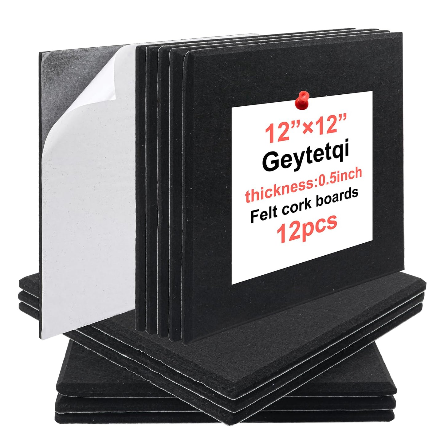 Geytetqi 12 Pack 12" x 12" Felt Boards, Black Square Felt Wall Tiles, Self-Adhesive Cork Bulletin Board for Home, Office, and Kitchen Decor(1/2 Inch Thickness)