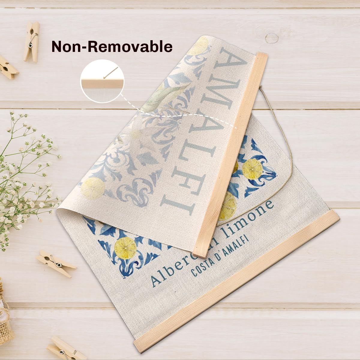 Italian Amalfi Coast Lemon Wall Art Poster Hanger, Blue Mediterranean Tiles Lemons Tree Italian Wall Art With Wooden Poster Hanger for Home Kitchen Living Room Dining Room Decor 15.8x11.8 Inch