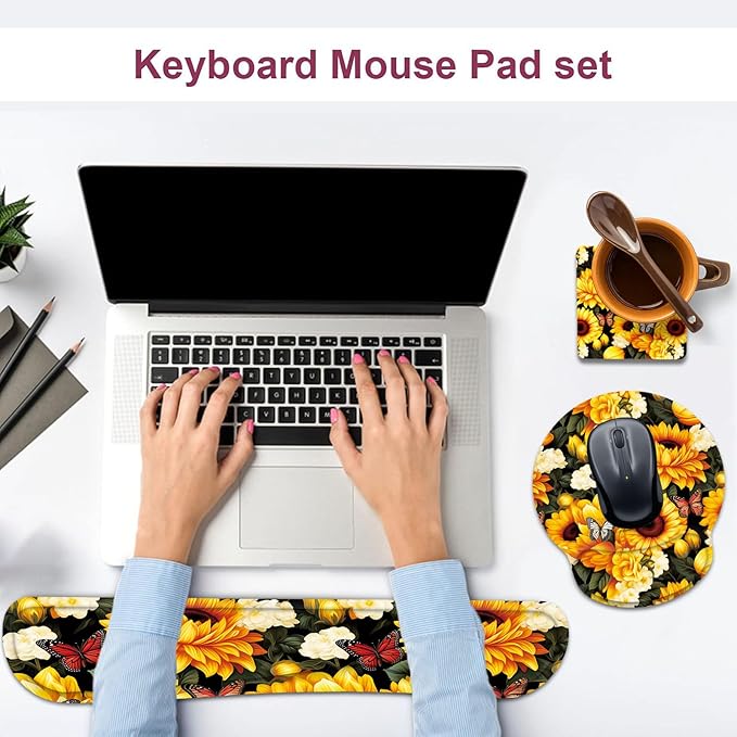 Keyboard Wrist Rest and Mouse Wrist Rest Pad with Cup Coaster,Made of Memory Foam,Ergonomic Support,Easy-Typing and Pain Relief,for Gaming Office Home Computer,Sunflowers and Butterfly
