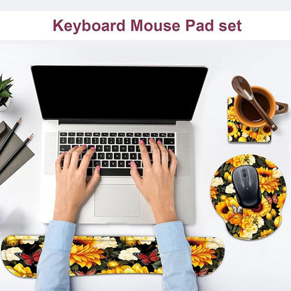 Keyboard Wrist Rest and Mouse Wrist Rest Pad with Cup Coaster,Made of Memory Foam,Ergonomic Support,Easy-Typing and Pain Relief,for Gaming Office Home Computer,Sunflowers and Butterfly
