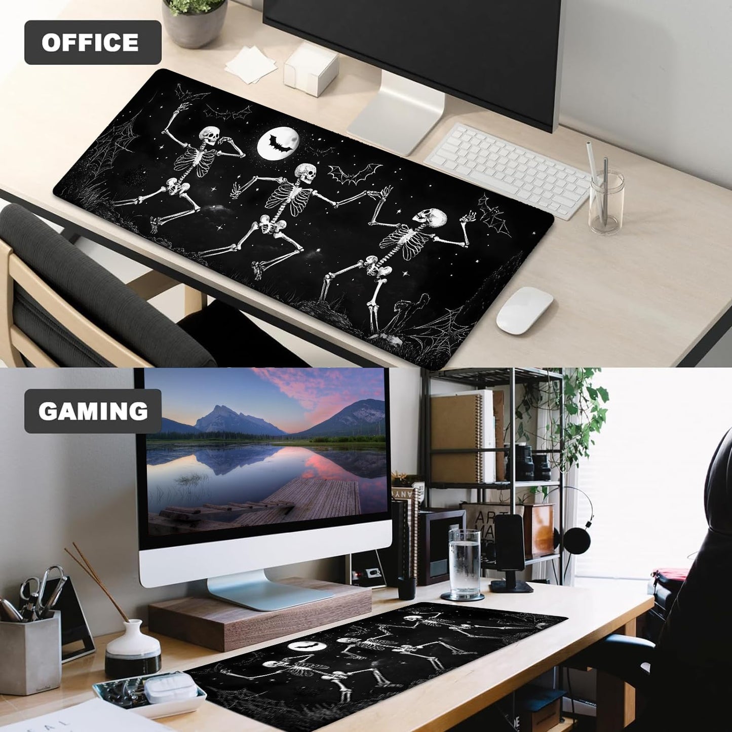 ainori Dancing Skeletons Gaming Mouse Pad – 12x31.5innon-Slip Rubber Desk Mat with Halloween Moonlight Design – Large Extended Mousepad for Office, Home, and Gaming – Deskmat Gifts for Goth Art Decor