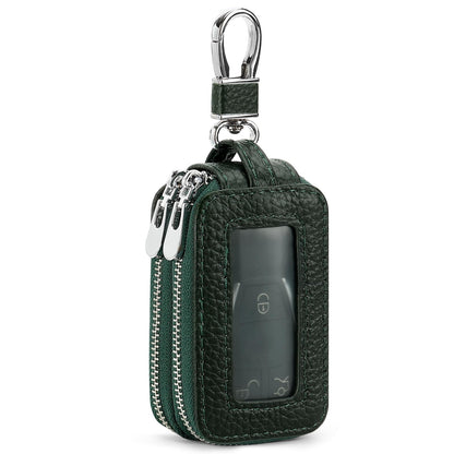 SENDEFN Car Key Fob Case Double Zipper Leather Smart Remote Keychain Protector Holder with Transparent Window