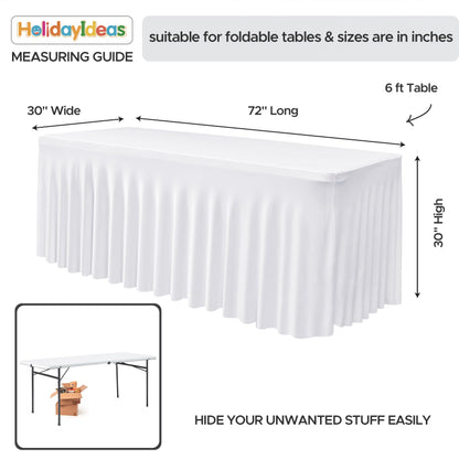 HolidayIdeas 2 Pack Spandex Table Skirt for 6 Ft Rectangle Tables, White Fitted Stretch Tablecloth 30 x 72 Inch, Wrinkle Resistant Ruffle Design for Wedding Banquets, Baby Showers, Parties