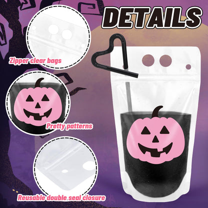 JarThenaAMCS 36 Set Halloween Drink Pouches Pink Black Cute Clear Plastic Juice Pouches 4 Designs Drink Bags Handheld with Straws for Halloween Birthday Baby Shower Party Adults Alcohol