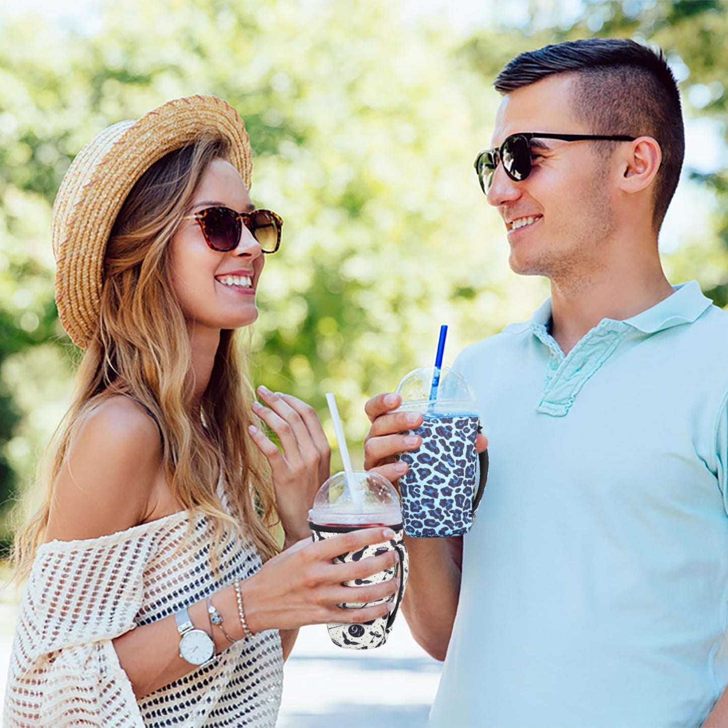 3 Pack Iced Coffee sleeve Insulated Neoprene Cup Sleeves with handle For Cold Drinks Beverages, Reusable Cup Holder for 16oz-32oz Coffee Cups (Skeletons Floral)