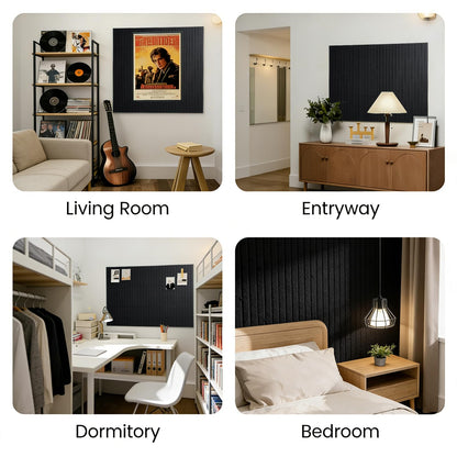 Slat Felt Wall Tiles (12 Pack) - 11.8"x11.8" Self-Adhesive Bulletin Board for Wall, Acoustic Panels for Sound Dampening, Modern Black Pin Board, Home Office Decor (30x30cm)
