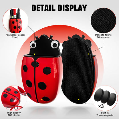 Magnetic Pen Holder for Fridge Whiteboard, 2-in-1 Magnetic Marker Holder Dry Erase Marker Whiteboard Eraser, Cute Ladybug Pencil Cup Desk Organizer for Classroom Office School Home (1-Pack)