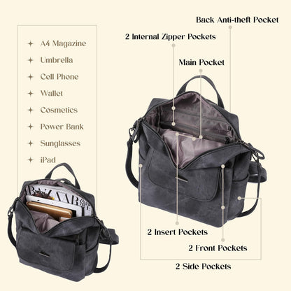 ROOSALANCE Backpack Purse for Women, Women Backpack Purse Small Leather Waterproof Anti-theft Shoulder Bags Handbags, Fashion Ladies Back pack for Daily Travel Work (Black Grey)