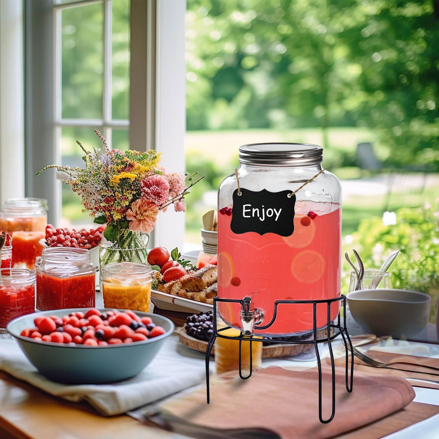 2 Gallon Glass Drink Dispensers for Parties, Sun Tea Glass Jar for Outside Beverage Dispenser with Stand+Lid 2 Press-Spigots(Easy for kids) Fruit Infuser, Beverage Dispensers-Mason Jar
