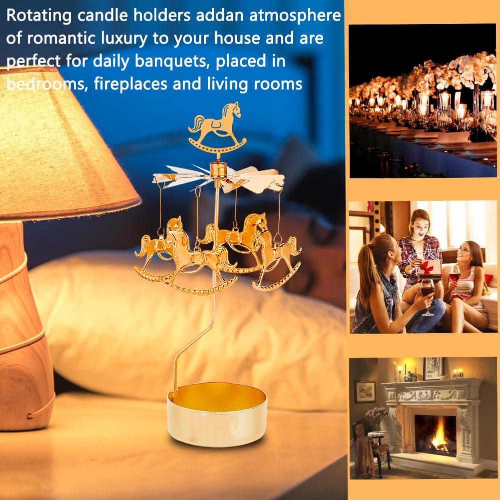COMZPLIFE Carousel Spinning Tea Light Candle Holder, Gold Metal Rotary Candle Holder for Birthday, Wedding, Anniversary, Party, Table Decoration, Home Decor(2Pcs)