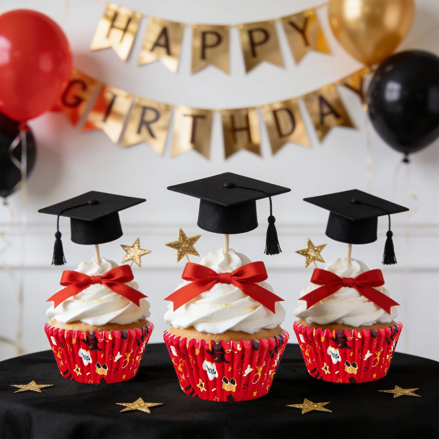 JarThenaAMCS 300Pcs Graduation Cupcake Liners 2026 Congrats Grad Paper Baking Cups Red Black Gold Standard Muffin Cupcake Wrappers for College High School Party Supplies Table Decor