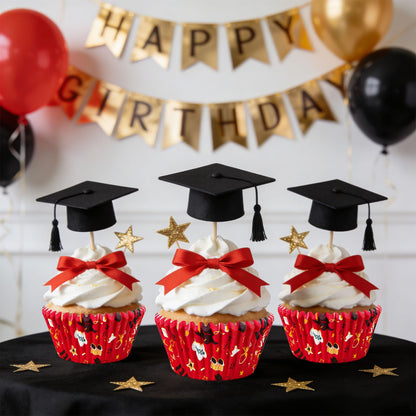 JarThenaAMCS 300Pcs Graduation Cupcake Liners 2026 Congrats Grad Paper Baking Cups Red Black Gold Standard Muffin Cupcake Wrappers for College High School Party Supplies Table Decor
