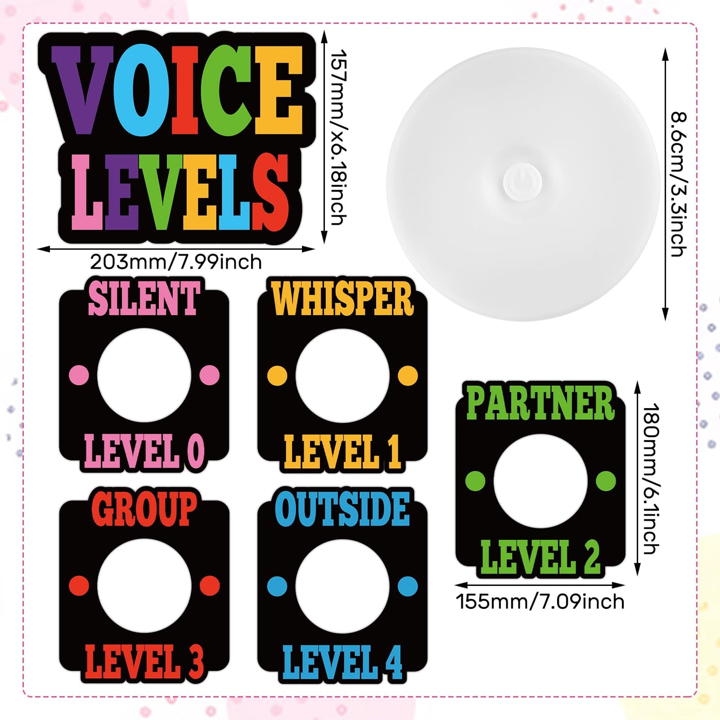 Honoson Voice Level Chart for Classroom with 5 Pack Magnetic Puck Lights Noise Level Chart Teacher Educational Management Supplies for Elementary School Preschool Music Class(Bright,Active)