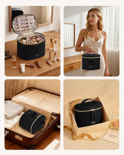Wandering Nature Travel Makeup Bag for Women, Structured Vanity Case with Wipe-Clean EVA Interior & Removable Divider, Brush Loops, Fold-Flat PU Leather Makeup Case with Handle