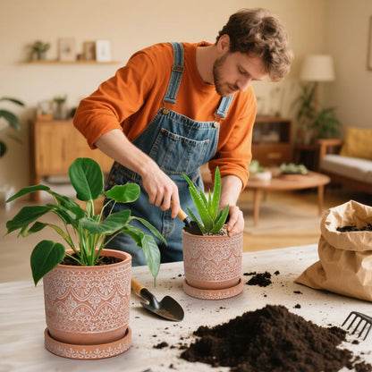 Suwimut Set of 2 Terracotta Plant Pots 4 Inch 6 Inch, Small Medium Clay Planter Pot, Ceramic Cactus Flower Succulent Pot with Drainage Hole and Saucer for Indoor Outdoor Plants