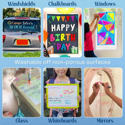 Liquid Chalk Markers Neon 12 Pack. Bold Wet & Dry Erase Marker Pens. Erasable and Washable Chalkboard Markers for Windows, Mirrors, Glass, Whiteboards. Reversible Thick and Fine Tip.