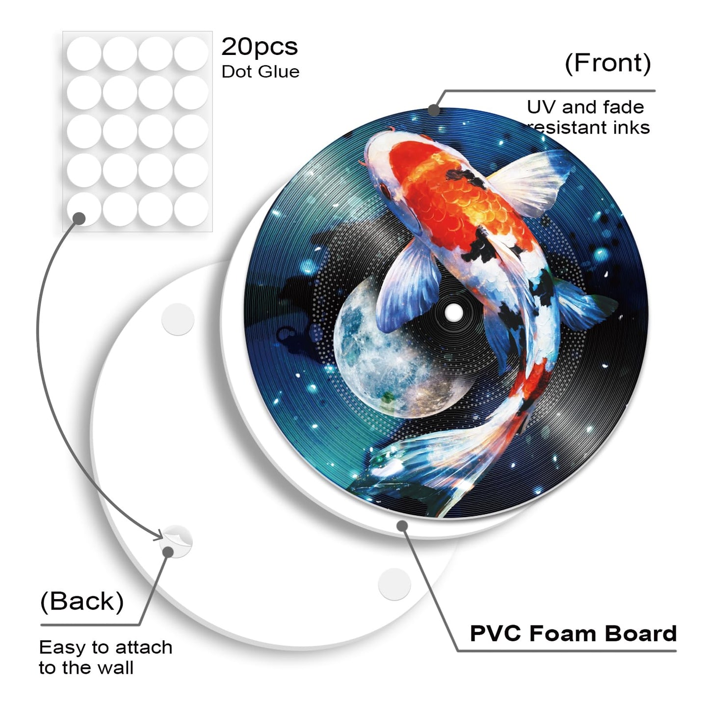 DOODLREAM 4PCS Koi Fish Vinyl Record Wall Decor 12" Hippy Koi Wall Art Posters for Room Aesthetic, Retro Record Decor for Music Party Studio Living Room DIY Craft Project