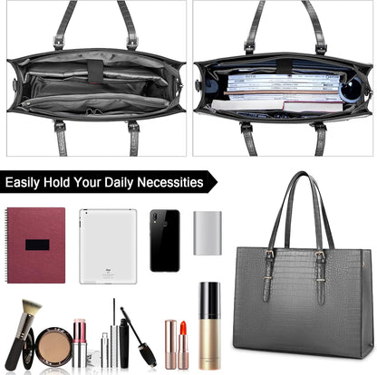 Laptop Bag for Women 15.6 Inch Laptop Tote Bag Leather Classy Computer Briefcase for Work Waterproof Handbag Professional Shoulder Bag Women Business Office Bag Large Capacity Grey