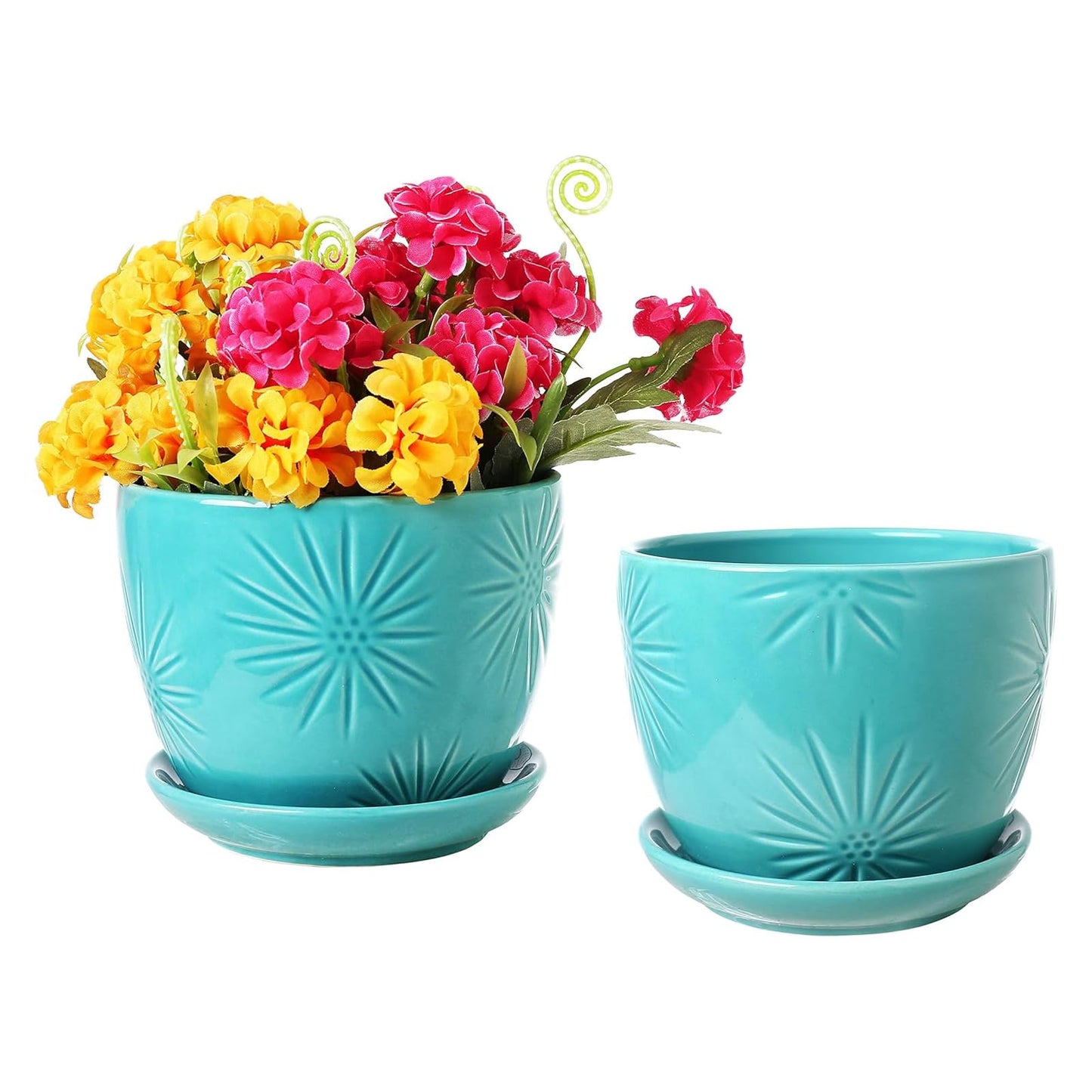 MyGift Aqua Ceramic Indoor Plant Pot with Drainage Hole and Decorative Sunburst Design, 5 Inch Round Succulent Planters with Attached Saucers, Set of 2