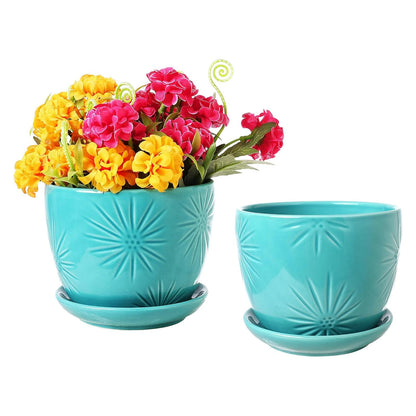MyGift Aqua Ceramic Indoor Plant Pot with Drainage Hole and Decorative Sunburst Design, 5 Inch Round Succulent Planters with Attached Saucers, Set of 2