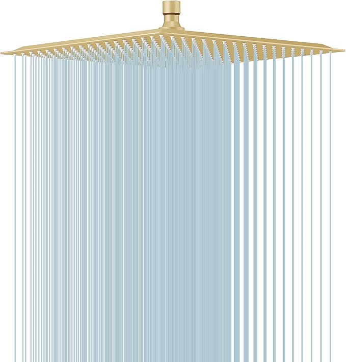 BESy 16 Inch Rain Shower Head, 16" Square Rainfall & High Pressure Stainless Steel Bath Showerhead, 1/16" Ultra Thin, Waterfall Full Body Coverage with Silicone Nozzle, Brushed Gold