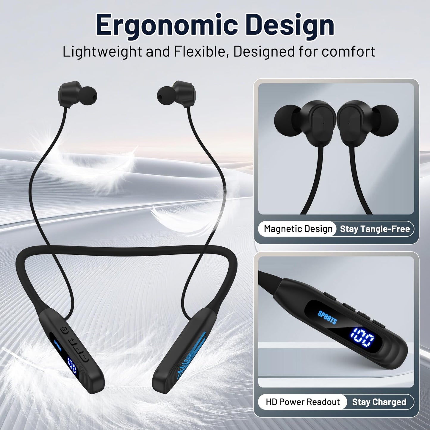 Podity Neckband Bluetooth Headphones, 1000H Extra Battery Life with Display Magnetic Earphones,Wireless Stereo Earbuds with Microphone, Waterproof in-Ear Headset for Sports/Workout/Office (Black)